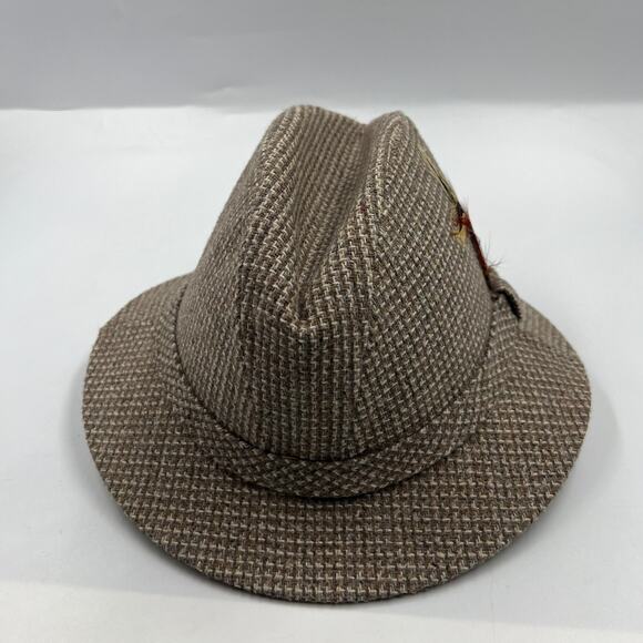 Vintage Botany 500 Houndstooth Wool Fedora Hat Feather Detail Sherlock Holmes - Picture 9 of 11